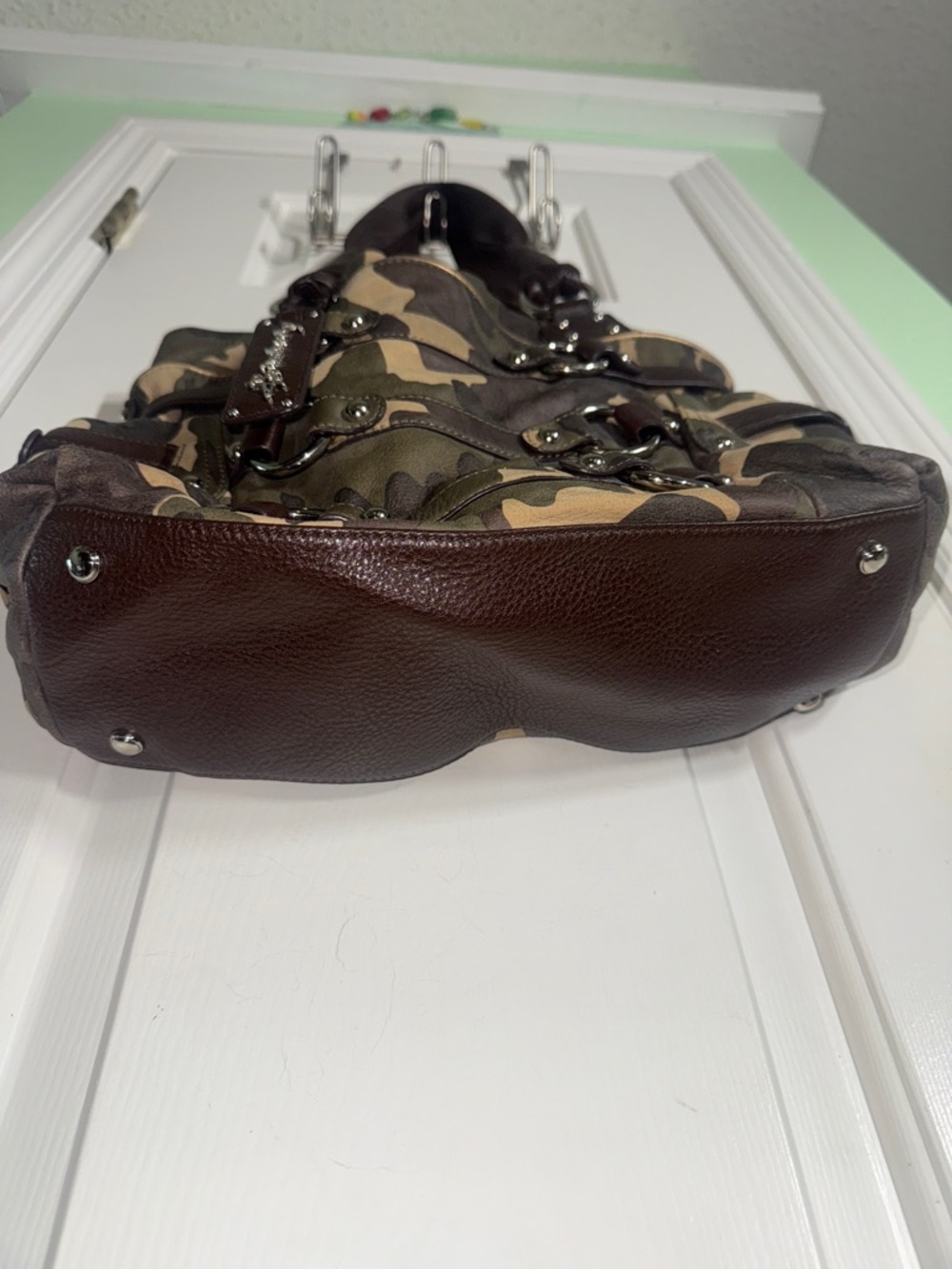 B Makowsky Brown Beige Camo Leather Purse Satchel Kimberly Large Shoulder Bag - Picture 5 of 10